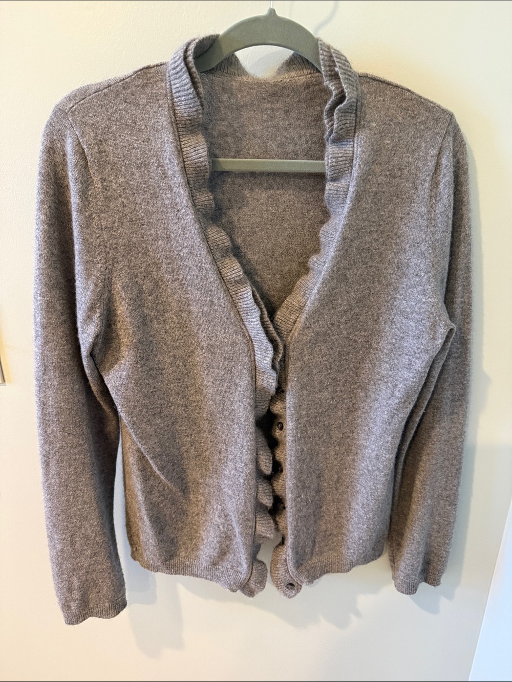 Garnet Hill Gray Ruffle-Trim 100% Cashmere Cardigan Sweater - Women's large